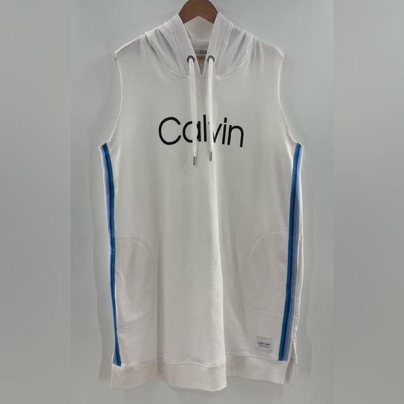 NWT Calvin Klein Performance Hooded Logo Sweatshirt Mini Dress White Pockets 2X - Picture 2 of 14